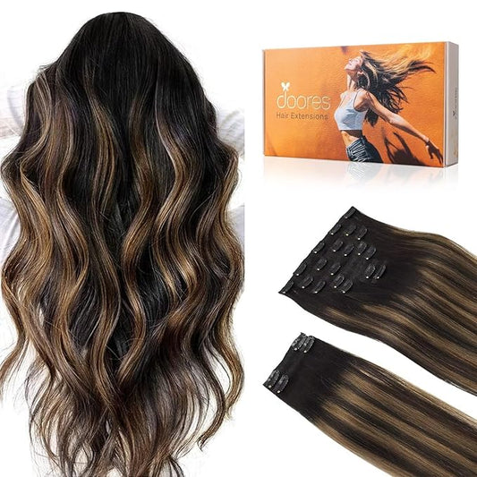 DOORES Clip in Hair Extensions - Real Human Hair, Balayage Natural Black to Chestnut Brown, 20 Inch, 150g, 9pcs, Remy Straight Natural Extensions
