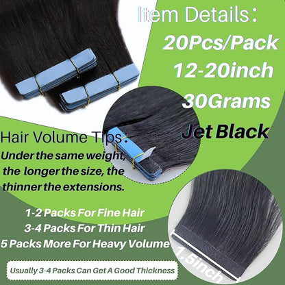 Black Tape in Hair Extensions Human Hair Invisible Silky Soft Hair Extensions Tape in Remy Human Hair 16 Inch 20PCS 30G