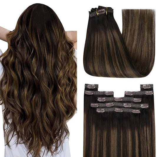 YoungSee 150G Clip in Human Hair Extension Balayage Hair Extensions Clip ins Dark Brown Mix Medium Brown Highlights Brown Balayage Thick Human Hair Clip in Extensions with Natural Shine 22Inch 7Pcs