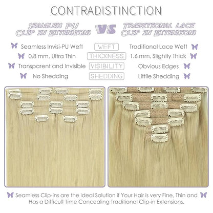 Lacer Hair 7 Pieces Seamless Human Hair Clip in Extensions Comfortable Ultra-Thin PU Skin Weft #60 Bleach Blonde Clip in Hair Extensions for Women Clip In 110g for Any Hair Type 18 Inch Thick Ends