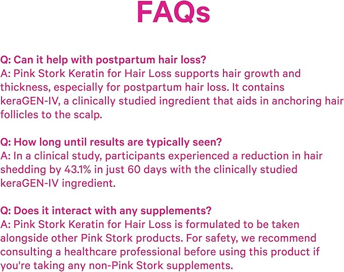Pink Stork Keratin Hair Loss Supplement for Women - Clinically Studied KeraGEN-IV for Hair Care, Thinning, Shedding and Beauty - Hair Skin and Nails Support - Postpartum Hair Growth - 30 Capsules