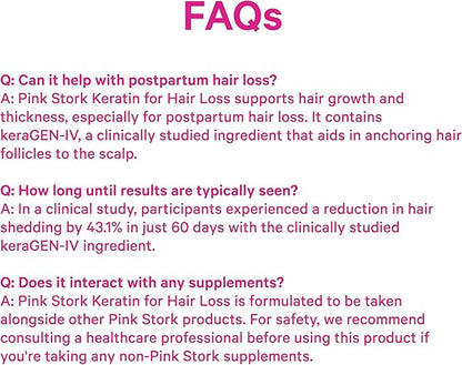 Pink Stork Keratin Hair Loss Supplement for Women - Clinically Studied KeraGEN-IV for Hair Care, Thinning, Shedding and Beauty - Hair Skin and Nails Support - Postpartum Hair Growth - 30 Capsules