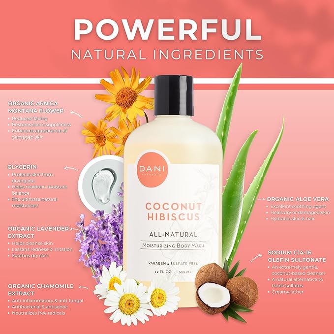 Naturals Moisturizing Body Wash - Tropical Coconut Hibiscus Scent with Organic Aloe Vera & Natural Glycerin - Paraben & Sulfate-Free Shower Gel - 12 oz - Vegan & Cruelty-Free