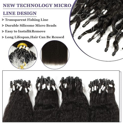 Anrosa Microlink Hair Extensions Human Hair Black Women 100% Human Hair Kinky Straight Microbead Hair Extensions Remy Hair Natural Black #1B Micro Loop Ring Hair Extensions 20Inch 50g