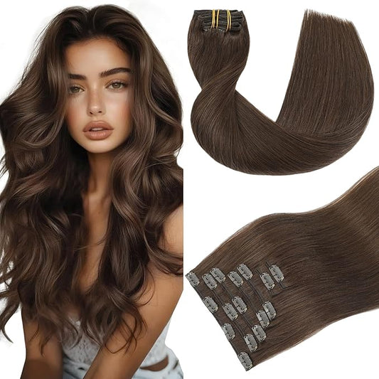 Youngsmile Human Hair Clip in Hair Extensions, Clip in Human Hair Extensions For Women, Soft Silk Straight Real Human Hair, 7 Pcs 20 Inch 120g, Color 4 Medium Brown(CLIP#4-20Inch)