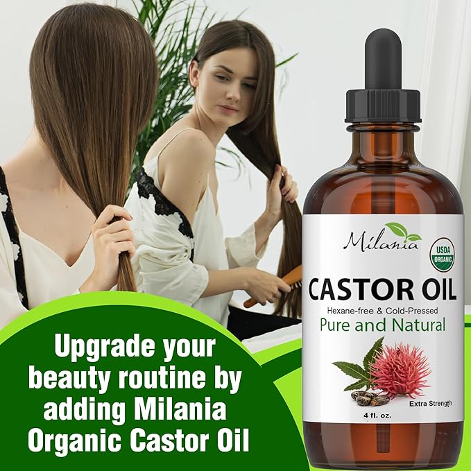 MILANIA Organic Castor Oil - Glass Bottle - Cold Pressed & Hexane-Free (4 fl. oz.)