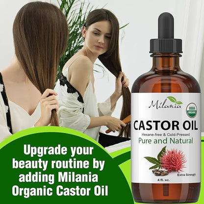 MILANIA Organic Castor Oil - Glass Bottle - Cold Pressed & Hexane-Free (4 fl. oz.)