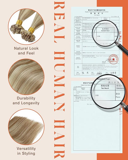Sunny Hair U Tip Hair Extensions Human Hair Light Brown Mix Platinum Blonde for Daily Use,Midway Down the Upper Arm Ktips 18inch 50g