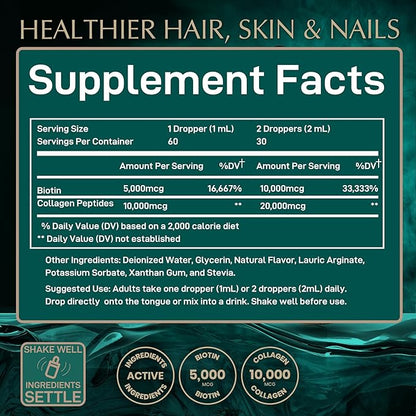 WILD FUEL Liquid Collagen Peptides with Biotin Vitamins for Hair Skin and Nails - 10,000mcg Liquid Collagen for Women and Men 5,000mcg Biotin - Lemon Flavor, up to 2-Month - 2 oz