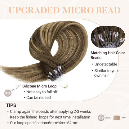 MAXITA Microlink Hair Extensions Human Hair Balayage Dark Brown Mixed Chestnut Brown Micro Bead Hair Extensions Virgin Human Hair, 50g/50 Strands/Pack, 22 In