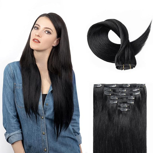 Clip in Hair Extensions Real Human Hair, Jet Black 100% Human Hair Extensions Clip in, Tangle-free Silky Straight Hair Extensions for Women, #1 24Inch 120G 7PCS