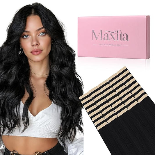 MAXITA Tape in Hair Extensions Jet Black 100% Remy Human Hair 22 Inch 40pcs 100g/pack Straight Seamless Real Hair Extensions Tape in Extensions for Women