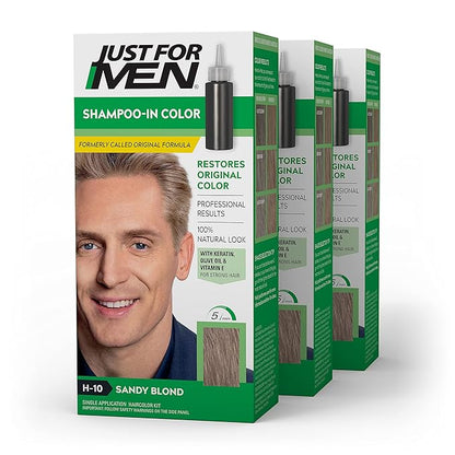 Just For Men Shampoo-In Color (Formerly Original Formula), Mens Hair Color with Keratin and Vitamin E for Stronger Hair - Sandy Blond, H-10, Pack of 3
