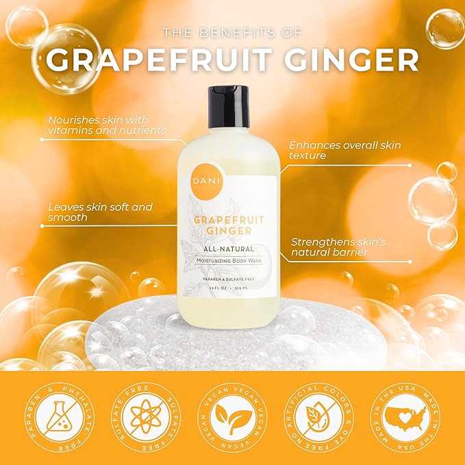 Naturals Moisturizing Body Wash - Grapefruit Ginger Scent, Organic Aloe Vera & Glycerin, Sulfate-Free, Vegan, pH-Balanced, 12 oz - Refreshing, Moisturizing Shower Gel for Soft Skin