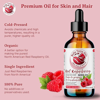 Bella Terra Oils - Red Raspberry Seed Oil 4oz - Pure Cold-Pressed Alchemy, Abundant in Ellagic Acid & Omega Fatty Acids, Nature's Gift for Beautiful Skin