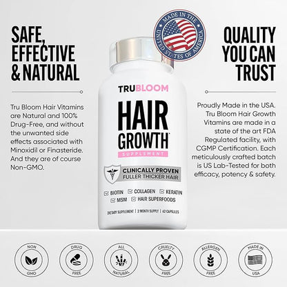 Tru Bloom Hair Growth Vitamins - 2 Month Supply. Clinically Proven to Grow Fuller, Thicker Hair. Drug-Free with Biotin, Collagen, Keratin, MSM, Zinc, D3 + Hair Superfoods