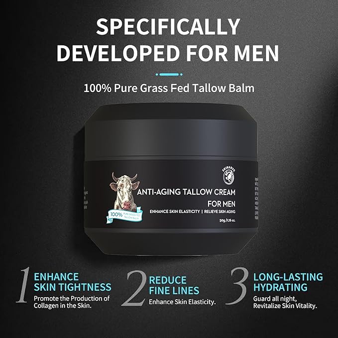 Wrinkle Defense Beef Tallow Balm for Men, Tallow Balm for Skin - Moisturizer for Face - Hydrating Anti Aging Skin Cream - Natural Facial Skincare Lotion with Essential Oils (1.7 OZ)