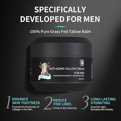 Wrinkle Defense Beef Tallow Balm for Men, Tallow Balm for Skin - Moisturizer for Face - Hydrating Anti Aging Skin Cream - Natural Facial Skincare Lotion with Essential Oils (1.7 OZ)