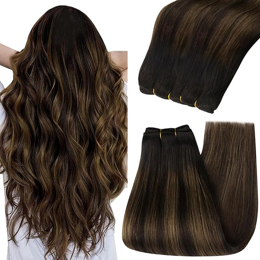 YoungSee Weft Hair Extensions Balayage Sew in Hair Extensions Dark Brown Mix Medium Brown Highlights Brown Balayage Sew in Hair Extensions Real Human Hair Natural Sheen for Short Hair 14In 70G