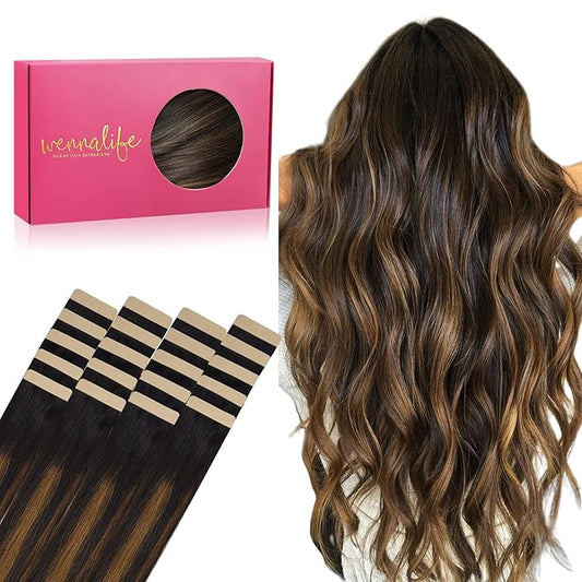 WENNALIFE Tape in Hair Extensions Human Hair, 20pcs 60g 26 inch Balayage Natural Black to Chestnut Brown Remy Hair Extensions Straight Human Hair Tape in Extensions Skin Weft Tape Extensions