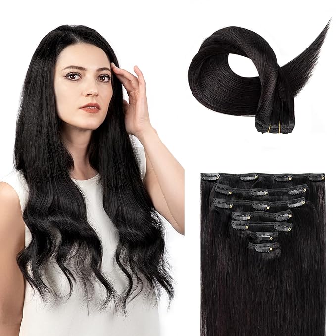 Clip in Hair Extensions Real Human Hair, Remy Hair Clip in Extensions Human Hair, Natural Black 100% Human Hair Extensions for Women #1B 24Inch 120G 7PCS