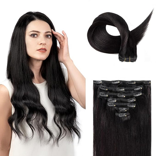 Clip in Hair Extensions Real Human Hair, Remy Hair Clip in Extensions Human Hair, Natural Black 100% Human Hair Extensions for Women #1B 24Inch 120G 7PCS