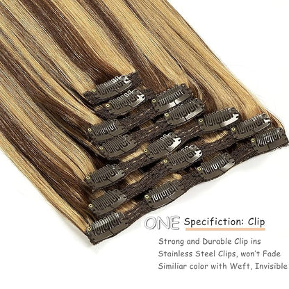 Caliee Remy Hair Extensions Clip in Human Hair Silky Straight for Full Head Clip in Extensions Human Hair Natural Thick Ends Highlighted Color P4/12 Brown Clip in Hair Extensions 22Inch 140G