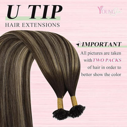 YoungSee Ombre Utip Hair Extensions Balayage Brown Ombre Blonde U Tip Extensions Ombre Utip Remy Human Hair Extensions Brown K Tip Hair Extensions Real Human Hair for Women 18In 50s/50g Silky Straight