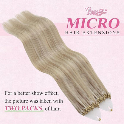YoungSee Micro Link Hair Extensions Human Hair Blonde Micro Bead Hair Extensions Real Human Hair Blonde Highlights Ash Blonde Micro Ring Hair Extensions Silky Straight 18In Bead Hair Extension 50g 50s