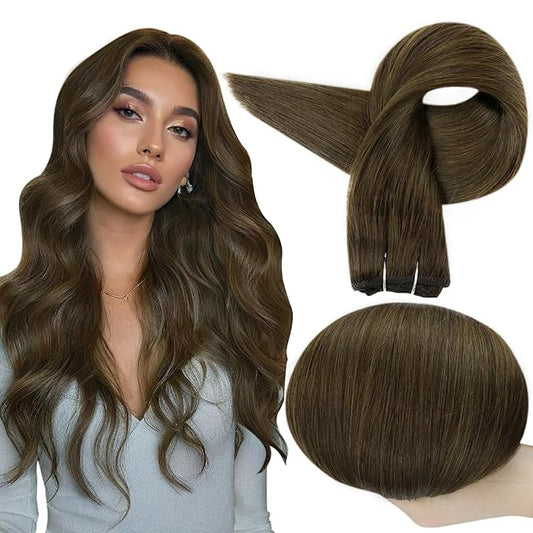 Full Shine Human Hair Extensions Sew In Weft Hair Extensions 18 Inch Weft Extensions Remy Hair Straight Hair Weft Color Darker Brown Sew In Extensions Soft Silky Hair 105G