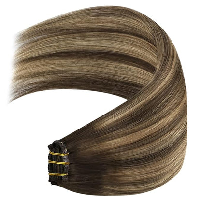 YoungSee Clip in Hair Extensions Real Human Hair Balayage Hair Extensions Clip ins Balayage Chocolate Brown Mix Caramel Blonde Balayage Clip on Hair Extensions Human Hair 120G 18Inch