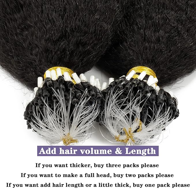 Anrosa Kinky Straight Micro Loop ring Human Hair Extensions Natural Black Micro Beads Hair Extensions Human Hair Black Women Light Weight Kinky Coarse Real Hair Extensions 12 Inch 40gram 50 Strands
