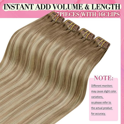 YoungSee 150g 20inch Clip in Hair Extensions Real Human Hair Brown Balayage Clip in Human Hair Extensions Light Brown to Blonde with Brown Balayage Hair Extensions Clip ins Double Weft Lace Thick 7pcs