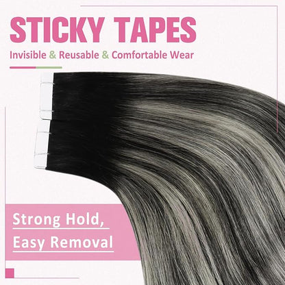 YoungSee Tape in Human Hair Extensions Ombre Tape Extensions Human Hair Off Black Ombre Sliver Balayage Tape in Hair Extensions Lightweight 22 Inch 50g 20pcs Straight Hair Extensions Tape Invisible