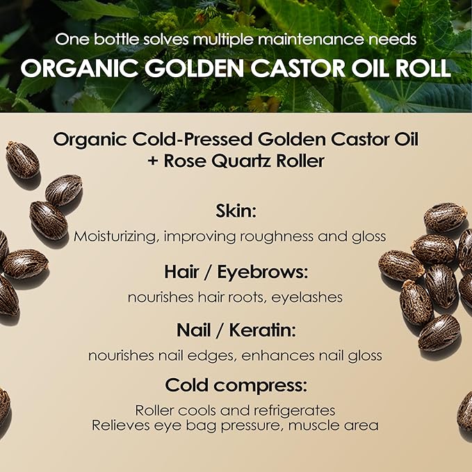 Organic Castor Oil with Rose Quartz Roller, 100% Pure Cold-Pressed & Unrefined - For Hair Growth, Eyelashes, Eyebrows & Skin (1)