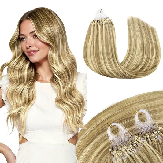 MAXITA Microlink Hair Extensions Human Hair, Light Blonde Highlighted Golden Blonde Micro Bead Hair Extensions Virgin Human Hair, 50g/50 Strands/Pack, 20 In