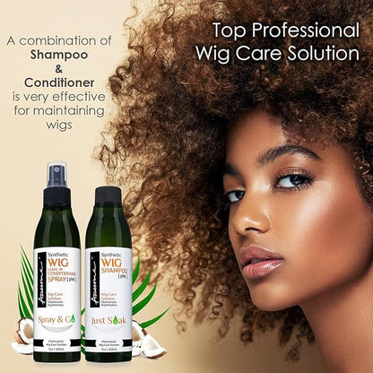 Awesome Synthetic Wig Shampoo & Leave in Conditioner Spray, pH6, Replenishes & Easy Combing, Contains Coconut Oil (Premium Set of 3)