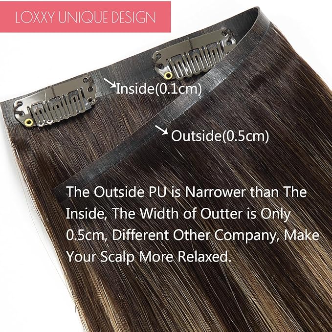 Loxxy Real Hair Extensions - Clip-In Human Hair Ombre Dark Brown to Chestnut Brown - Invisible Clip Ins - 18in, 130g, 7pcs - Seamless, Silky Straight, Thick Remy