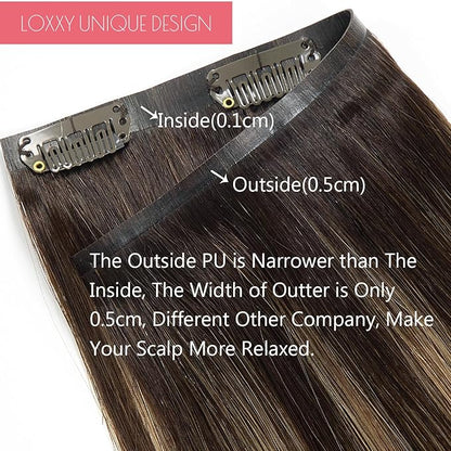 Loxxy Real Hair Extensions - Clip-In Human Hair Ombre Dark Brown to Chestnut Brown - Invisible Clip Ins - 18in, 130g, 7pcs - Seamless, Silky Straight, Thick Remy