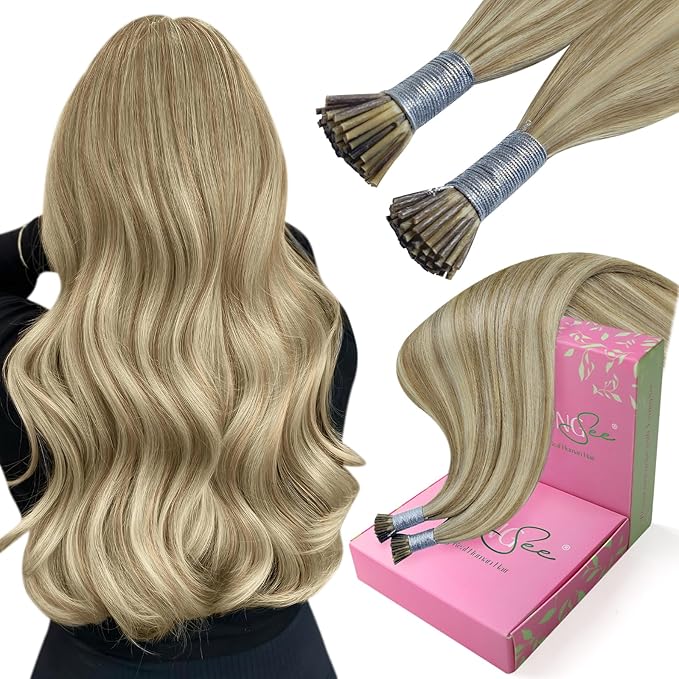 YoungSee I Tip Hair Extensions Human Hair Brown I Tips Hair Extensions Real Human Hair Light Brown with Blonde Highlight Tip Hair Extensions Real Human Hair Short Hair Extensions 14 Inch 80s 50g