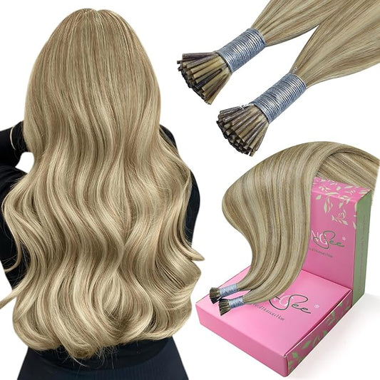 YoungSee I Tip Hair Extensions Human Hair Brown I Tips Hair Extensions Real Human Hair Light Brown with Blonde Highlight Tip Hair Extensions Real Human Hair Short Hair Extensions 14 Inch 80s 50g