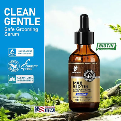 Biotin Beard Oil for Men – Sandalwood Scented Beard Growth Oil with Castor, Vitamin B5 & Grape Seed – Soften & Tame Coarse Beards – Natural Grooming Gift for Him – 2 oz