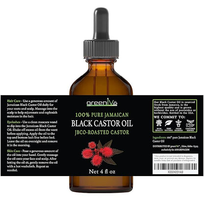 GreenIVe Organically Grown Jamaican Black Castor Oil JBCO 100% Pure Glass Bottle Cold Pressed Amazin Results (4 Ounce)