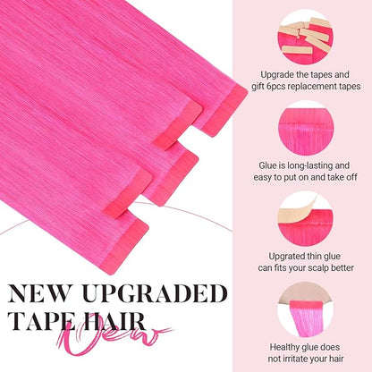 MAXITA Tape in Hair Extensions Human Hair Hot Pink Tape in Extensions 10pcs 30g 22inch Colored Invisible Real Human Hair Extension Soft Straight Wine Red Glue in Hair Extensions
