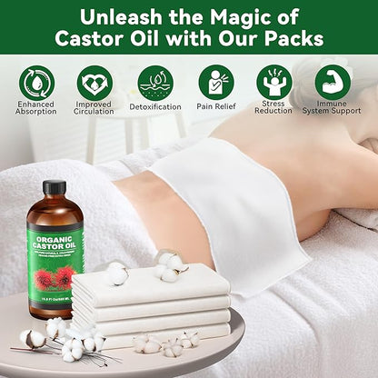 16.9 oz Castor Oil Organic Cold Pressed Unrefined Glass Bottle | 4 Pcs Castor Oil Pack Wrap Organic Cotton Reusable, Caster Oils Kit for Face, Hair, Eyelashes, Waist, Knee, Body