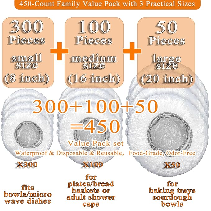 Multi-Use Plastic Covers 450 Pack - Disposable Shower Caps & Bowls Covers | Food-Grade, Odor-Free, Reusable & Washable, 3 Sizes (Small/Medium/Large) for Hair Care, Bowls, Plates, Trays & Travel (450)
