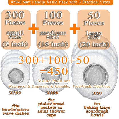 Multi-Use Plastic Covers 450 Pack - Disposable Shower Caps & Bowls Covers | Food-Grade, Odor-Free, Reusable & Washable, 3 Sizes (Small/Medium/Large) for Hair Care, Bowls, Plates, Trays & Travel (450)