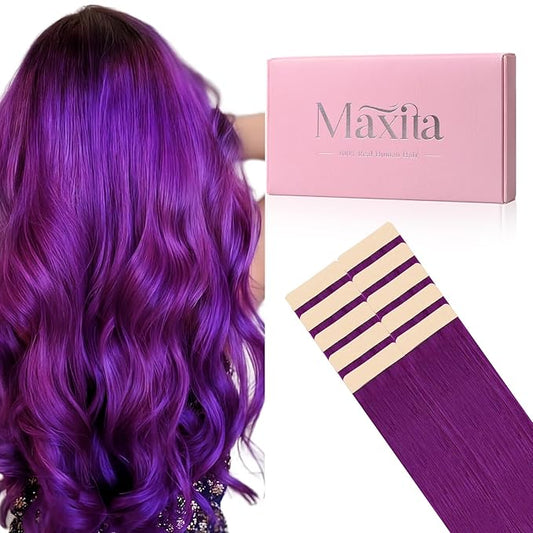 MAXITA Tape in Hair Extensions Human Hair Purple Tape in Extensions 10pcs 30g 22 Inch Colored Invisible Real Human Hair Extension Soft Straight Glue in Hair Extensions for Women