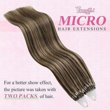 YoungSee Microlink Hair Extensions Human Hair Brown Highlight Micro Beads Hair Extensions Dark Brown Highlight Caramel Blonde Bead Hair Extensions Real Human Hair Short Hair Extensions 14 Inch 50g 50s