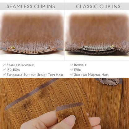 WENNALIFE Seamless Clip In Hair Extensions Human Hair, 16 Inch 130g 7pcs Auburn Ginger Real Hair Extensions Clip in Human Hair Invisible PU Skin Weft Natural Remy Human Hair Extensions
